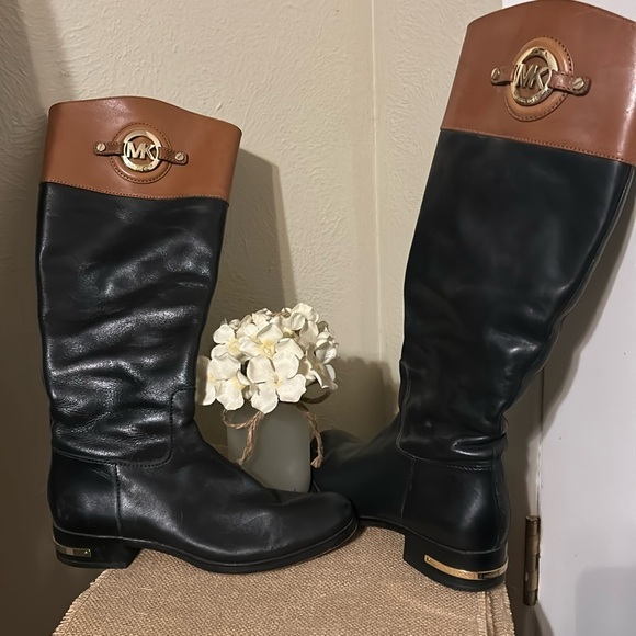 Michael Kors, brown and black zip up boots just below the knee. - Picture 1 of 4